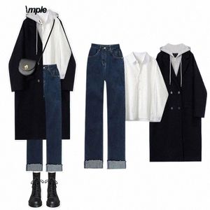 2023 Autumn Winter Women LG Woolen Coats Shirt Denim Pants 1 eller 3 Piece Set Lady Lady Loose Hooded Jacket Jeans Blus Suits X1CF#