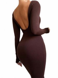 Hirigin 2023 Spring Sexy Backl Midi Dres Bodyc Elegant Evening Club Party Födelsedag Brown LG Sleeve Dr Women K2MB#