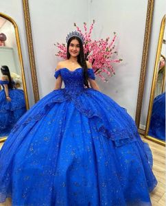 Lussuosi abiti Quinceanera blu con spalle scoperte Gonna fata Appliques Paillettes Perline scintillanti Abiti lunghi per occasioni festa Dolce 15 abiti