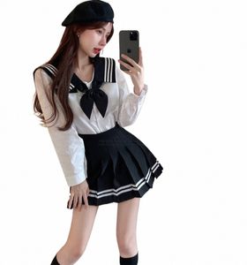 Japonês coreano meninas jk uniforme conjuntos diário preto marinheiro ternos goldfish nó gola marinha tops cintura alta saias plissadas mulheres x2lh #