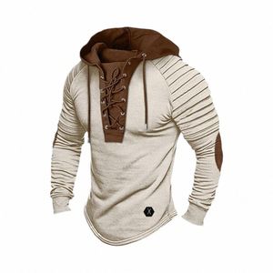 men's Hoodie Pleated Shoulder Tie Drawstring Color Block Hooded Slim Fit Stretch Lg Sleeve Retro Men's Daily Top b3uG#