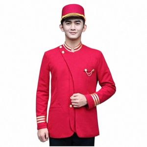 Hohe Qualität Rot Schwarz Chinesisch LG Ärmel Frühling Herbst Hotel Uniform für Männer Hotel Recepti Uniform Kellner Arbeitskleidung W90y #