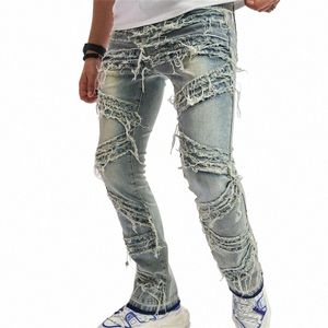 Erkeklerin Dikkatli Yırtık Denim Pantolon Orta Bel Düz Uygun Yok Edilmiş Çar Sıska Kot Pantolon Yığılmış Pantolon Street Giyim K3un#