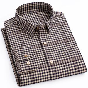 Mens flanell långärmad premium tung bomullsskjorta England Style Standardfit Plaid randig tjock mjuk borstade skjortor 240328