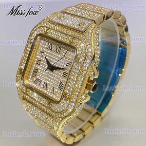Andere Uhren MISSFOX Luxus Gold für Männer Mode wasserdichte Quarzuhren Hip Hop Iced Diamond Square Wrist Man Geschenk Kostenloser Einkauf T240329