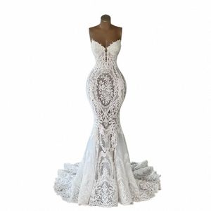 Imagem real Lace apliques casamento Dres elegante Strapl v Neck Mermaid nupcial Dr até o chão Sleevel vestido de casamento W48F #