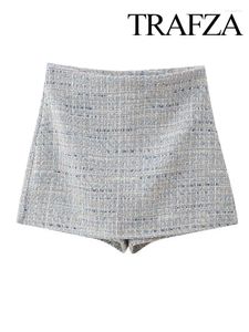 Women's Shorts TRAFZA Women Fashion Chic Side Zipper High Waist Skirt Female Vintage Gingham Texture Slim Casual Mini Culottes Y2K