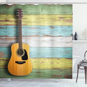 シャワーカーテンミュージックカーテンカラフルな塗装済みの熟成した木製板の素朴なカントリーデザインプリントクロス生地のアコースティックギター