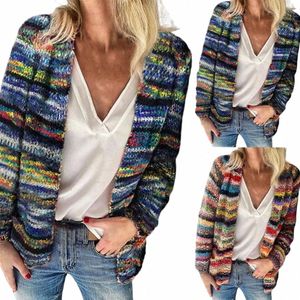 2021 neue Frauen Pullover Regenbogen Streifen Temperament Herbst Winter LG Hülse Strickjacke Mantel für Büro A3Qu #