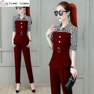 Calças femininas de duas peças listrado retalhos cinto decoração camisa de mangas compridas casual lápis de duas peças elegante feminino terno roupas de escritório