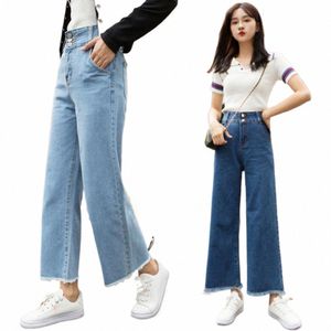 straight Women Pants High Waist Loose Trousers Wide Leg Casual Denim Jeans Ninth Trousers S5VK#