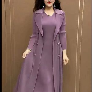 Spring Autumn Fashion Slim Pleated Suit Collar Fake Two Piece Windbreaker Coat Comfortable Waist Shrinking Elastic Dress Belt 240329