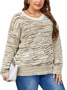 Gibsie Plus Size Mulheres Outono Inverno Listrado Pulôver Suéteres Casual Solto Macio Chunky Knit Lg Manga O-Neck Sweater Tops F49R #