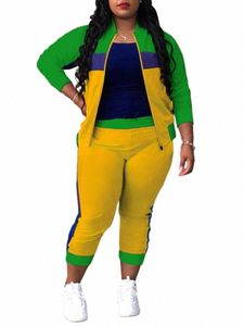 LW Plus Size Size Design Patchwork Pants Set Women Color Block Mandarin Collar Tracksuits LG Sleeve Two Pieces Outfits F5PU#