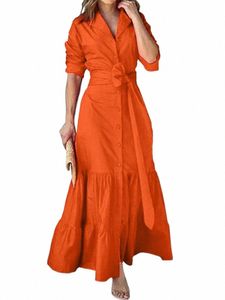 Vonda 2024 Ruffled skjorta Dr Elegant Women LG Sleeve Sundr Autumn Butts Solid Color Casual Lapel Belted Party Vestidos Y5S3#