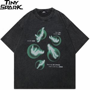 Уличная мужская футболка в стиле хип-хоп, негабаритная зеленая футболка с рисунком, ретро винтажная стираная черная футболка, топы унисекс, футболки из хлопка 240318