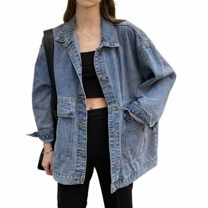 Sonbahar Modaya Gevşek Kadınlar Denim Ceketler Klasik Breasted Big Big Bf Style Vintage Jean Ceket Büyük Boyu E1YC#