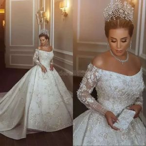 Plus Size Dresses Off Shoulder Lace Beads Sleeve Long Sleeves Arabic Vestido De Novia Wedding Gowns Bridal Dress CPH C G