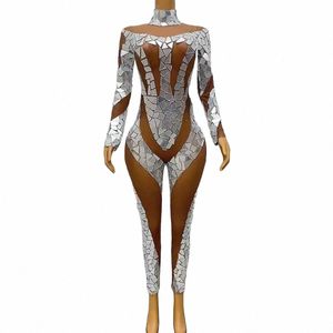 sexy Stage Skinny Sequins Mirrors Jumpsuit Dance Transparent Leggings Stretchy Costume Outfit Performance Photoshoot Jumpsuit a9GJ#