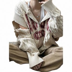 hiphop streetwear överdimensionerad tröja kvinnor bokstäver cardigan höst och vinter mångsidig avtagbar stickad lös pullover y2k topp w0gu#