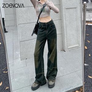 Jeans femininos Zoenova estilo coreano Autumn Retro Wide Pants de perna larga Casual Street Y2K Alta cintura calça jeans de primavera