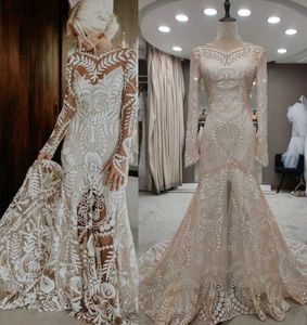 Urban Sexy Dresses 4055# Real Photos Two Piece Long Sleeve V-Neck Open Back Sheath Slit Bohemian Sweep Train Lace Wedding Dress Bridal Gown 2022 yq240329