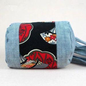 Shoulder Bags Cotton Linen Crossbody Bag Japanese Style Blue Zip Open Flowers Single Women For Travel Shopping Sling