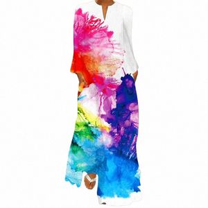 Plus Size Lady Autumn Winter LG Dr Women Mace Pint Print Full Sleeve V-Neck dragkedja Elegant Dres Party Loose Maxi White Dr G36f#