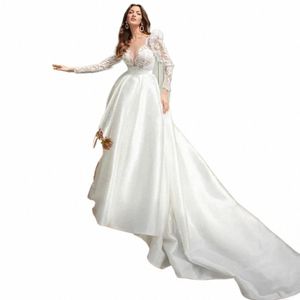 elegante scollo a V da sposa Dr Lg maniche A-Line Princ abiti da sposa in pizzo Appliques Butt raso bianco Vestido de Novia W10403 a0DS #
