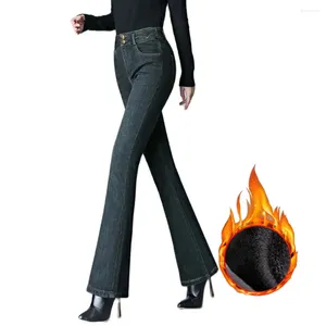 Jeans femininos mulheres engrossar quente inverno flare denim 2024 cintura alta emagrecimento ajuste vintage cinza velo veludo com forro calcinha