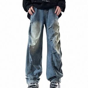 2023 Cyber ​​Y2K FI WED BLÅ PICKED BAGGY JEANS PANTS MEN DESIGNER KLÄDER RÄTT Bred ben Denim Byxor Ropa Hombre V6Zr#