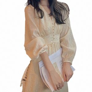 korean Style Sequins Party Dr Vintage French Puff Lg Sleeve Midi Dr Women Elegant V-Neck Fairy Wedding Dr Robe 20586 522f#