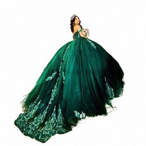 verde Ball Gown Quinceanera Dres Appliques Perline Perle al largo della spalla Sweet 16 Dr Vestido De 15 Anos Lace-Up B8IA #