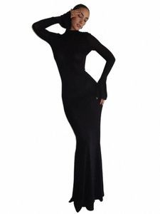 kliou Classic High Street Maxi Dr Women Back Cut Out Elegant Party Evening Lg Sleeve O-neck Robe Solid Slim Female Bodyc D1M0#