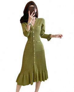 2023 Jesień Winter France Wysokiej jakości dzianina zielona V Neck LG Sleeve Dr Women Elegancki luksusowy LG DR 543X#