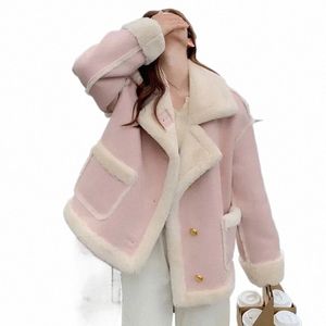 imitati cmere jacket women's short winter fur solid color loose splicing lg sleeve small Korean versi thickened new a4wj#