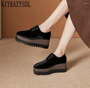 Casual Shoes AIYKAZYSDL Velvet Flats Oxfords Women Lace Up Loafers Flock Boat Platform Wedge High Heel Sneakers Thick Sole Pumps