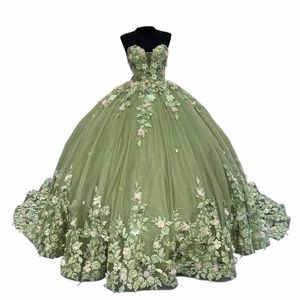 custom Color Green Quinceanera Dres 3D Frs Lace Applique Mexican Prom Birthday Sweet 16 Dr Vestidos De Anos Pluse Size n7Tf#