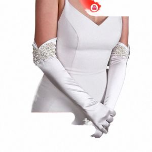 mzc08 1 paio di guanti da sposa da sposa perle in rilievo copre braccia bianco Lg raso donne eleganti addio al nubilato accessori dito 62QE #