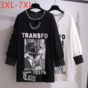 Tops New 2021 Ladies Spring 가을 플러스 크기 여성을위한 대형 느슨한면 검은 흰색 편지 인쇄 Tshirt 3xl 4xl 5xl 6xl 7xl