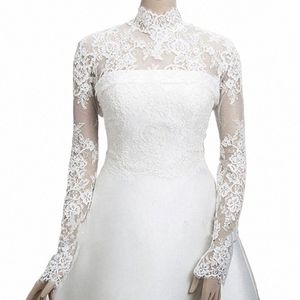 Novo personalizado fi alta pescoço lg manga branco marfim sheer rendas apliques casamento jaqueta superior bolero jaqueta artesanal 40tt #