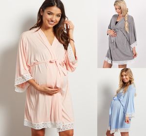 Maternidade cor sólida pijamas vestido mulheres grávidas rendas costura cardigan amamentação robes pijamas gravidez mãe nightwear5652978