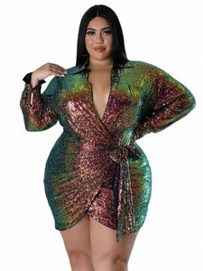 cm.yaya Plus Size Donna Lg Sleeve Wrap Tie Up Side Paillettes Bodyc Midi Dr 2023 Sexy Party Evening Chic Abiti Dres A2ZO #