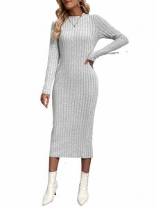 women Sexy Knitted Dr O-neck Cott Maxi Lg Dres Autumn Winter Full Sleeve Stretch Basic Bodyc Solid Sweater Y3h9#