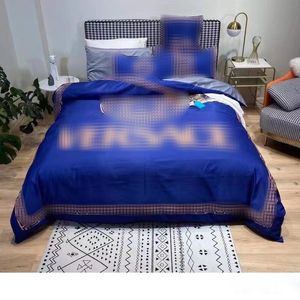 Designer BEDSPELED Kudde Set Navy Blue Classic Logo Printed Pure Cotton Bedding Set Vintage Däcke Cover Pudowcase Bed Sheet Queen King Size