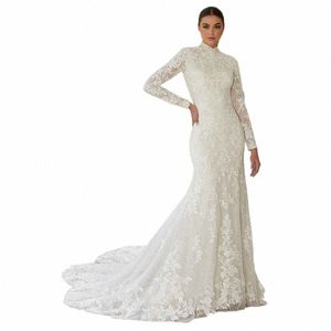 laboum Elegante abito da sposa a collo alto per le donne Maniche lunghe Vestibilità e svasatura Corte dei treni in pizzo Lunghezza al pavimento Robe De Marie u6Fr #