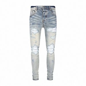 high Street Fi Men Jeans Retro Light Blue Stretch Skinny Fit Ripped Jeans Men Leather Patched Designer Hip Hop Brand Pants U4Pa#