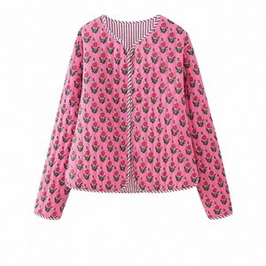 Neue Frauen Fi O Neck Floral Print Casual Cott Steppjacke Weibliche Chic Lg Sleeve Butts Split Mantel Tops CT5651 z88M #