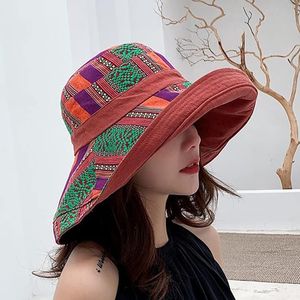 Cappello da sole da donna in cotone a tesa larga Cappello Boho UPF con protezione UV estiva con bordo cablato in metallo