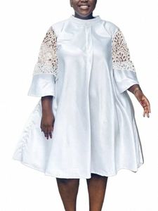 Löst vit DR för kvinnor Summer Lace Patchwork Half Sleeve Satin Overdimensionerad DR Plus Size Elegant Casual Date Night Out Wear T8MV#